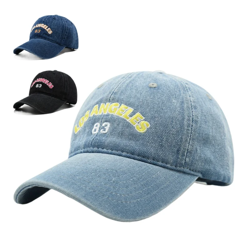 Unisex Summer Top Quality Embroidery Los Angeles Washed Denim Baseball Cap Hat For Women Sunshade Outdoor Adjustable Visor Cap