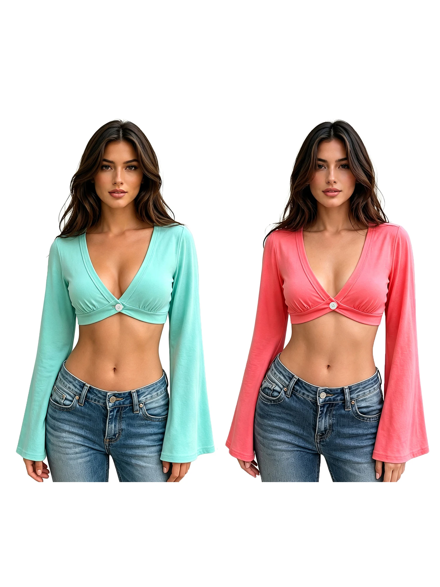Women s Cropped Tops Elegant Long Sleeve Deep V Neck Button Front Blouse