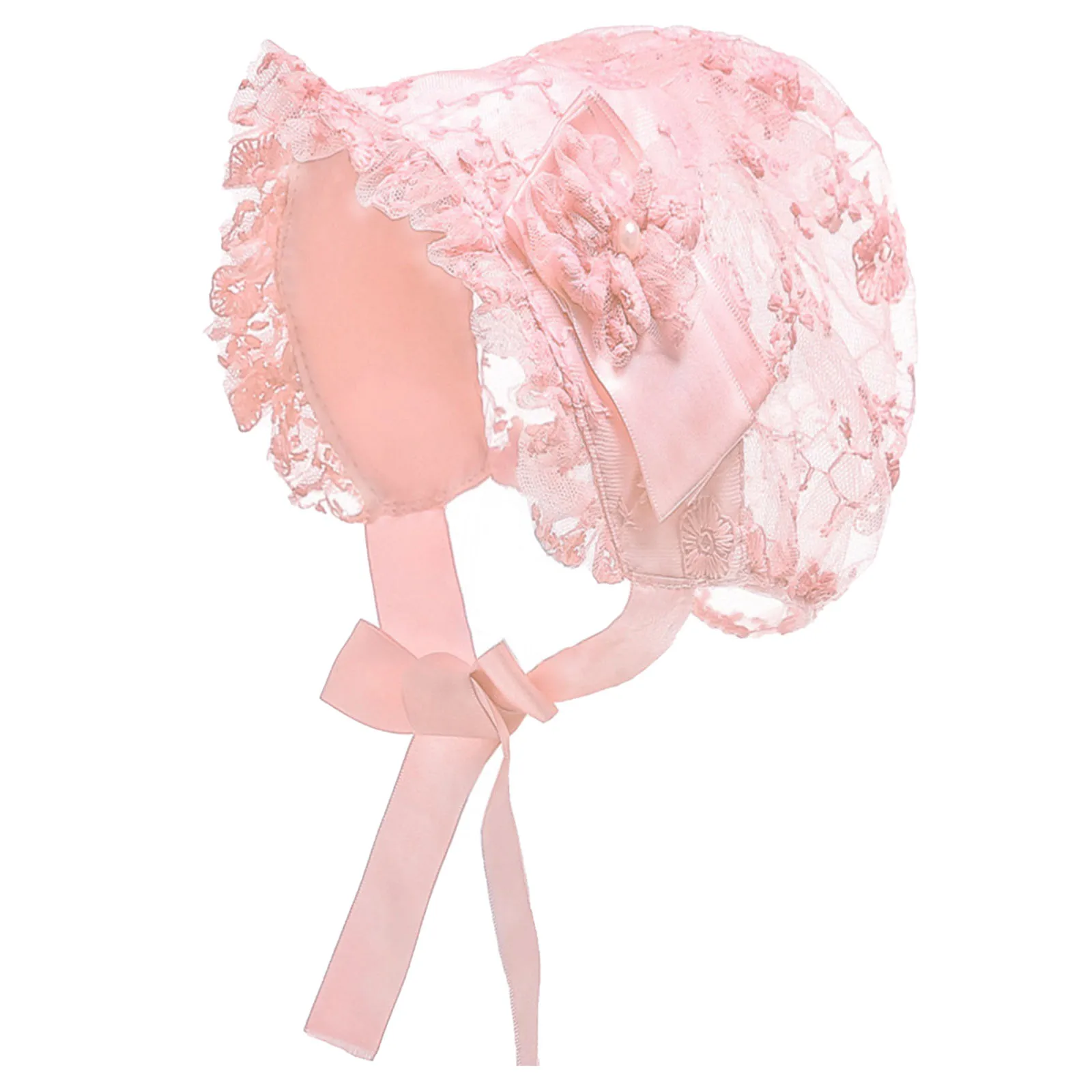 Baby Meisjes Lace Cap Doop Party Geborduurde Kant Motorkap Ruche Applique Hoed Voor Verjaardag Pasgeboren Baby Fotografie Props