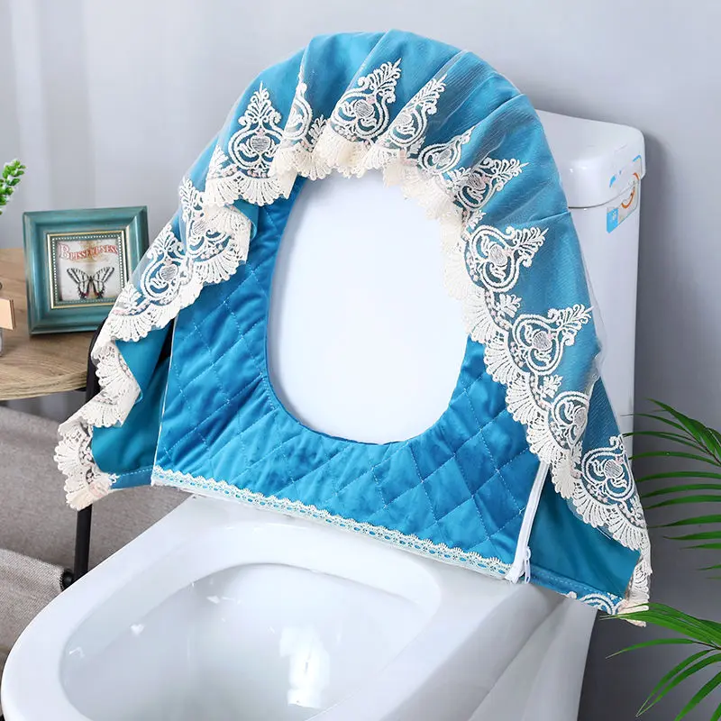 Lace Embroidery Toilet Seat Cushion Floral Household Bathroom Zipper Removable Closestool Mat Waterproof Anti-bacterial Covers