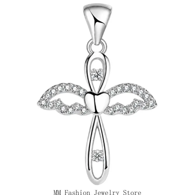 Silver Angel Wing Necklace Charm with Sparkly Zirconia Inlays, a Bright-Tone Finish, and Top Bail for Styling on a Separately