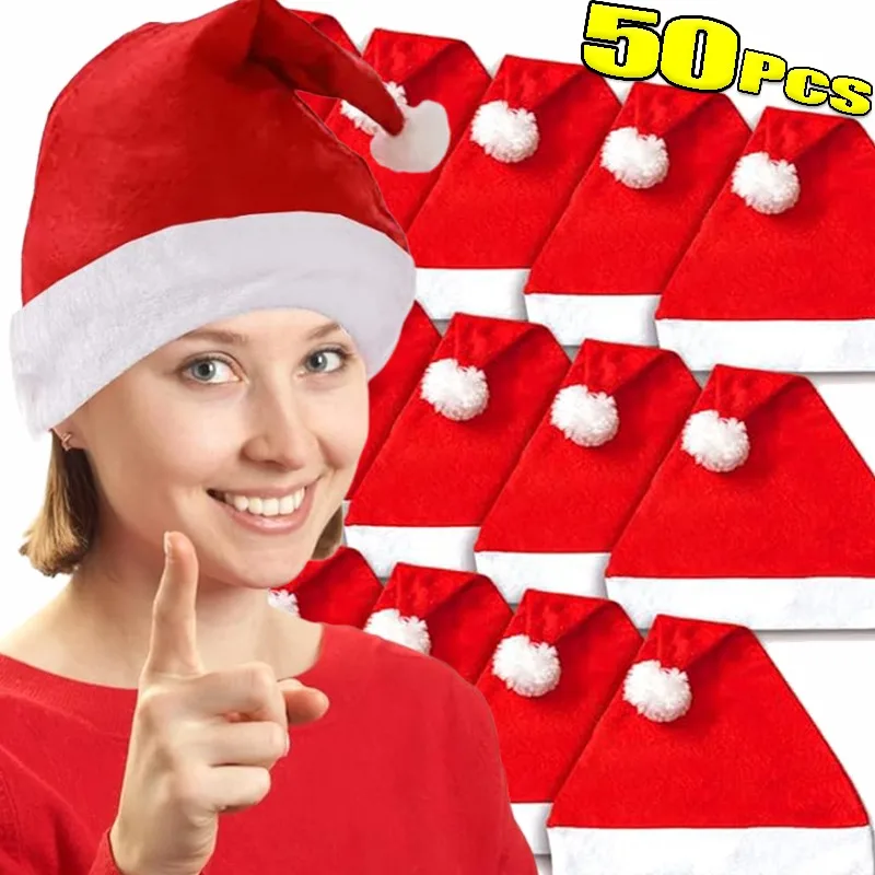 หมวกคริสต์มาส50/1ชิ้นหมวกซานตาคลอสแบบไม่ทอของผู้ใหญ่หมวกคริสต์มาสแบบหนาสำหรับตกแต่งเทศกาลปีใหม่สุขสันต์วันคริสต์มาส