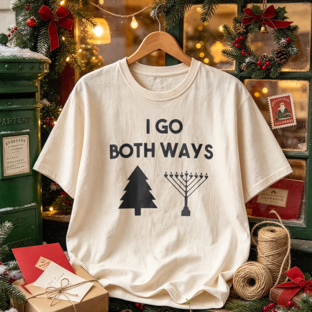 I Go Both Ways Chrismukkah Christmas Tree Menorah Text Graphic Print Casual Funny Xmas Hanukkah Dual Holiday Streetwear T-Shirt
