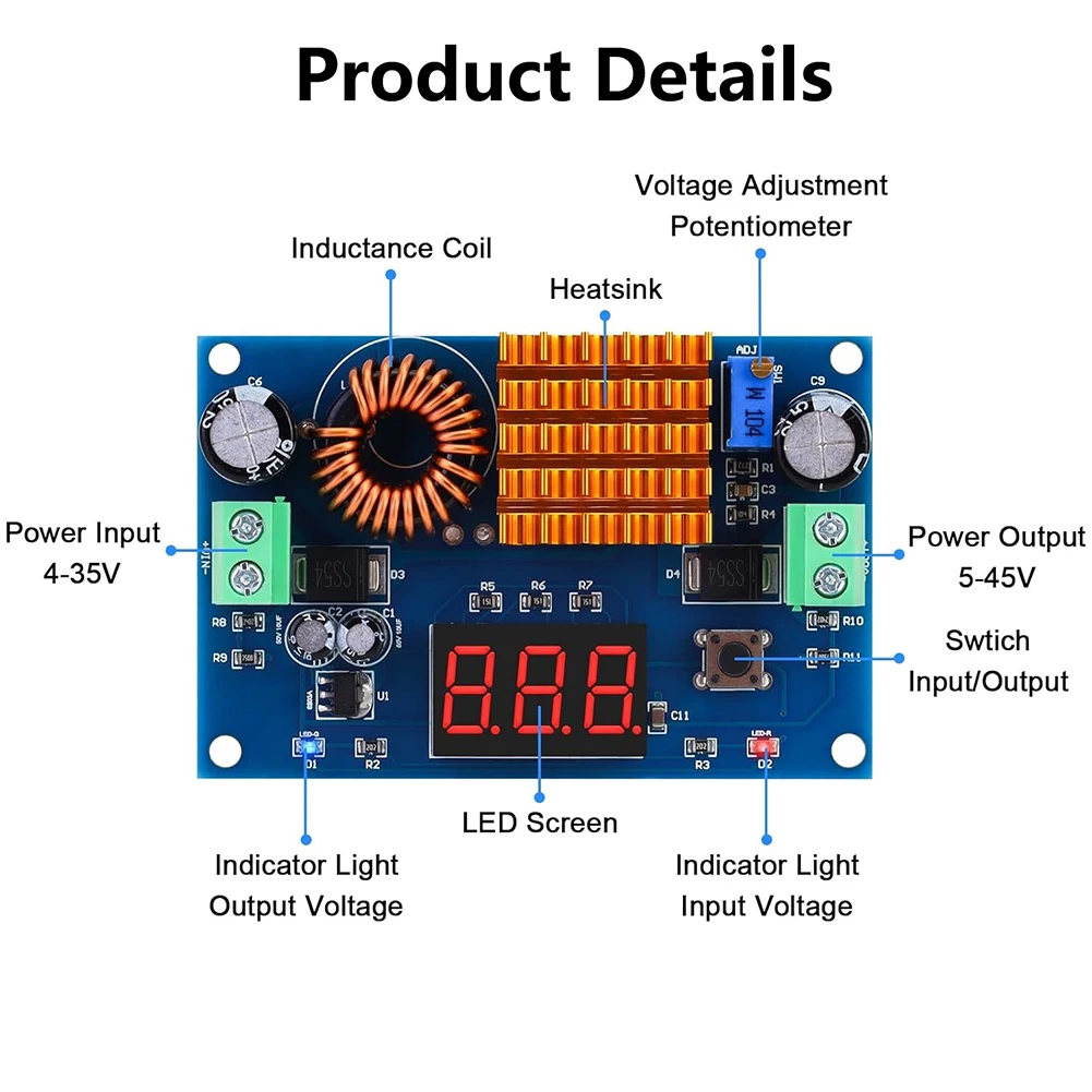 1PCS Step Up Voltage Module DC To DC Boost Converter Adjustable Step Up Voltage Module DC 4-35V To DC 5-45V LED Display Function