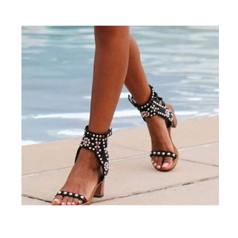 Sandales à rivets noirs avec boucle creuse, talon épais, bout ouvert, mode Sexy Cool, chaussures d'été grande taille pour femmes, Zapatillas Mujer, 2025