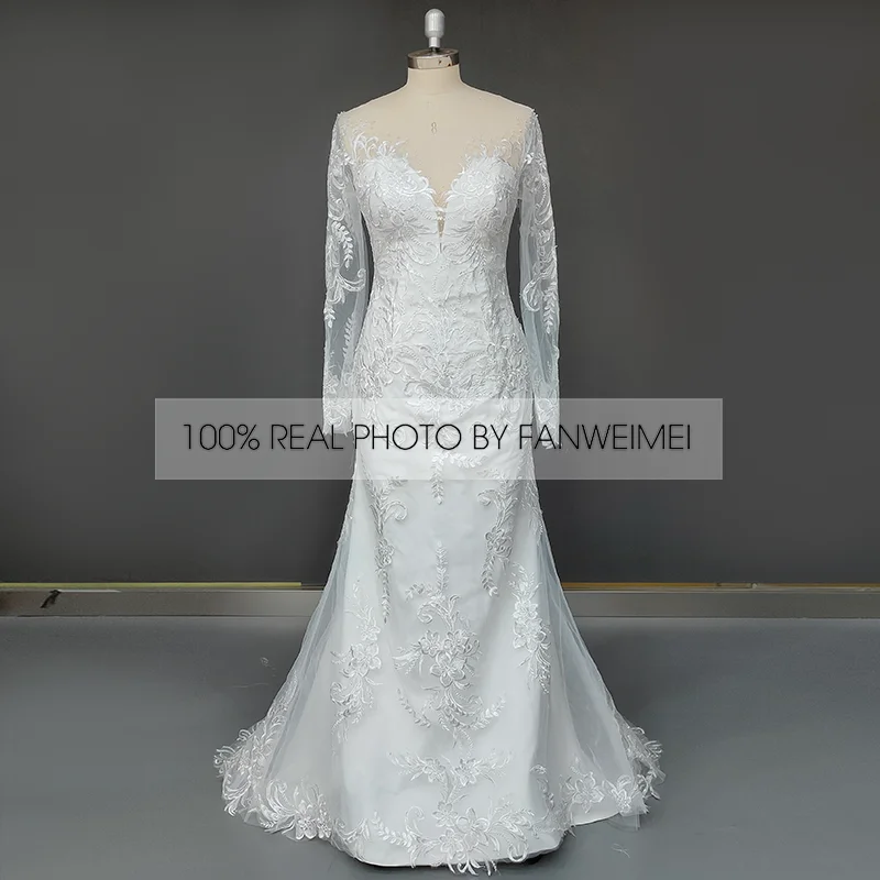 9380# Real Photos Champagne Mermaid V-Neck Lace Appliques Wedding Dress New Arrival Long Sleeves Trumpet Bridal Gown Plus Size