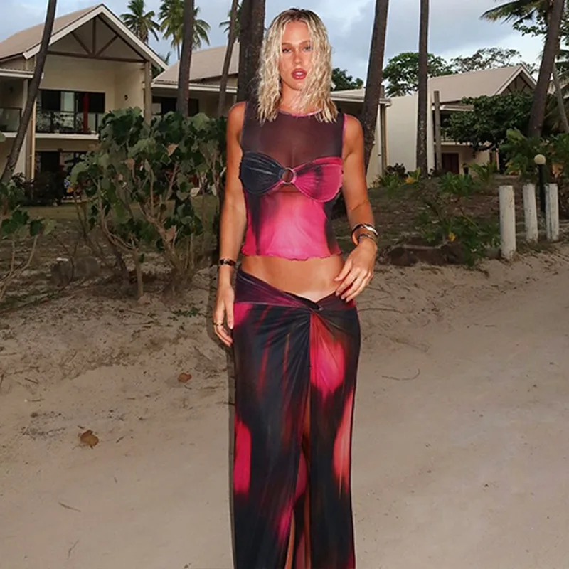 

Европейская и американская женская летняя новая марлевая юбка без рукавов с принтом, праздничный костюм для отдыха, женский костюм-двойка