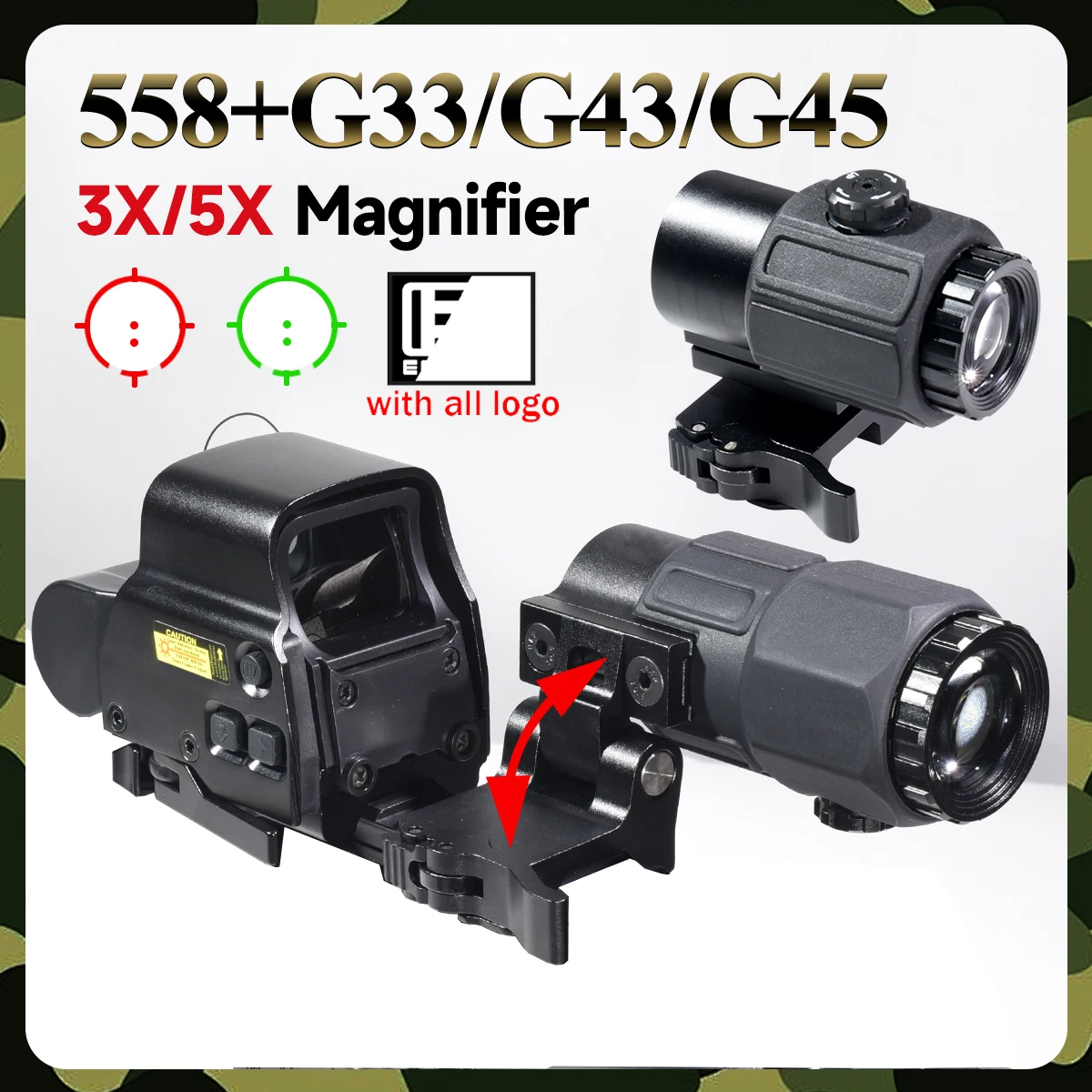 

E * t * ch Тактическая лупа G33 G43 3-кратный прицел Складная боковая откидная лупа G45 5X для 558 голографических рефлекторных прицелов с красной точкой