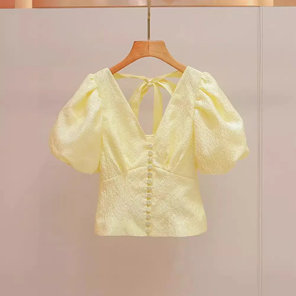 

Симпатичная короткая рубашка в корейском стиле, женский топ с V-образным вырезом и рукавами-фонариками, элегантный летний топ, новинка SP Home 2024