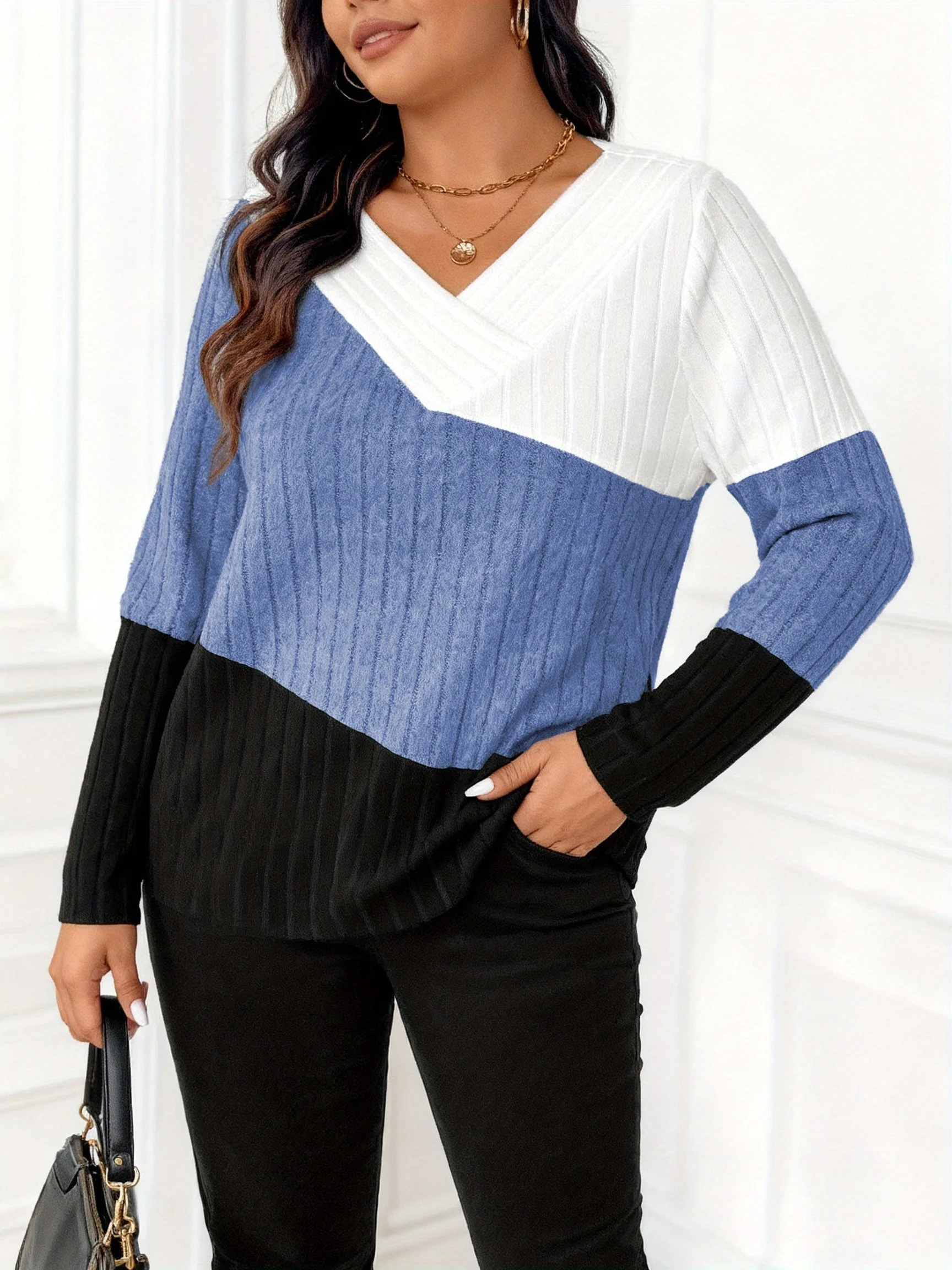 Stilvoller Plus-Size Damen-Pullover mit Farbblock-Design und V-Ausschnitt für gemütlichen Chic – Detail 20