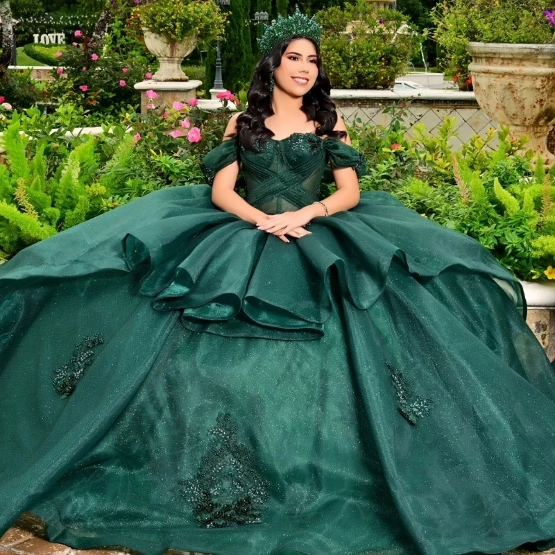 

Blackish Green Glittering Sexy Sweetheart Quinceanera Dresses Off Shoulder Applique Beading Vestidos De 15 Anos Ball Gowns 2024