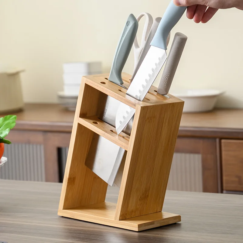 

Bamboo knife holder Solid wood diagonal kitchen knife holder hollow ventilation kitchen supplies multi-functional bamboo storage