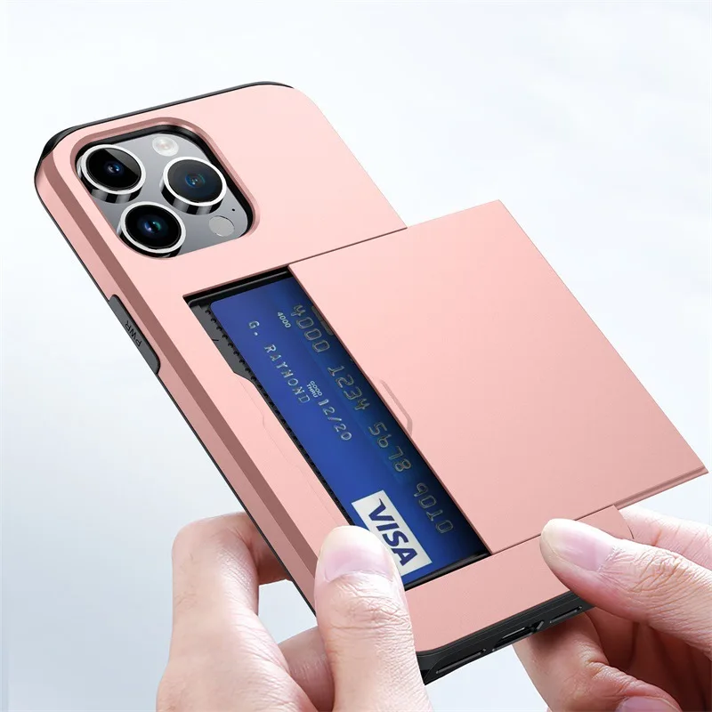 Slide Card Slot Phone Case For iPhone 15 Plus Pro Max 15+ 15Pro 15ProMax Shockproof Card Bag Back Cover Shell Capa