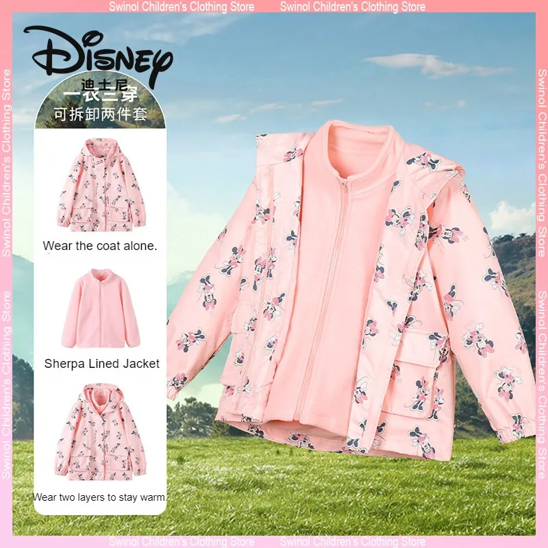 Disney Minnie Thermal Hardshell Two-piece Pink Polar Fleece Lined Windproof Printed Coat Girls Autumn Winter Jacket Kid Clothing