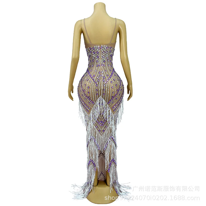 Sexy Suspender Low Cut Fringed Drape Dress Adult Model Catwalk Trendy Clothes Company Annual Meeting Evening Dress Show Costumes