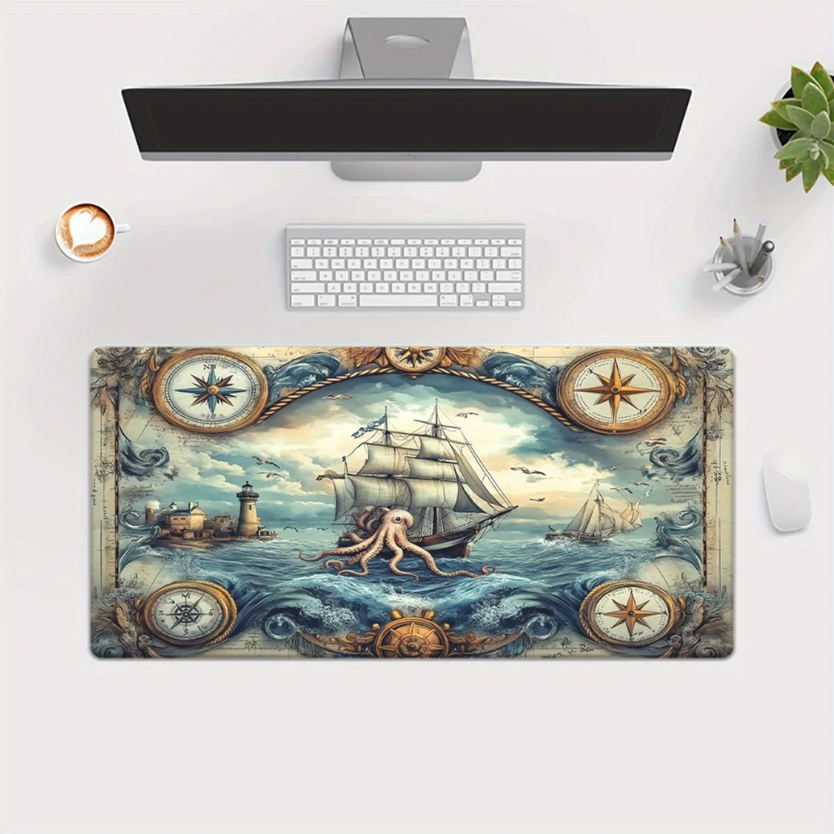 Nautical Octopus Ship Mousepad Large Rubber Desk Mat for Gamers Office Maritime Theme