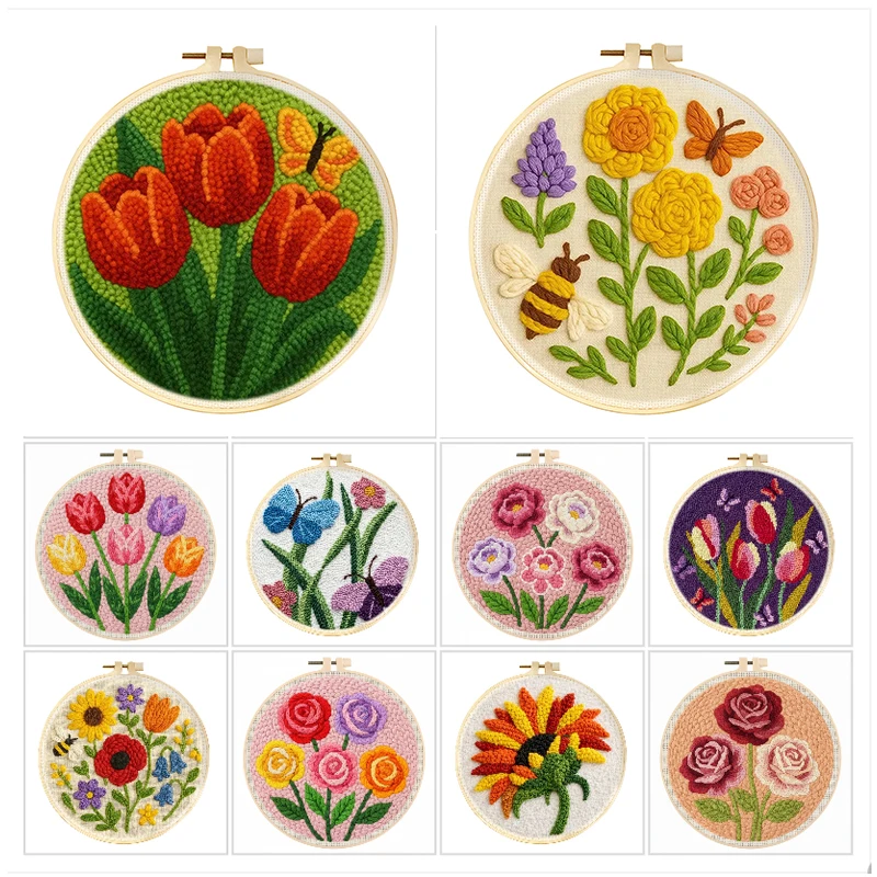 GATYZTORY Punch Needle Embroidery Starter Kit For Adults Beginner Punch Needle Kits Cartoon Flower Pattern Embroidery Frame Kit