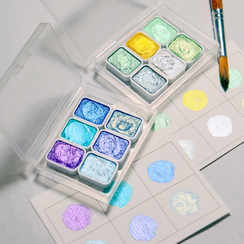 6 Colors Green Glitter Solid Watercolor Set, Shimmer Metallic Pigments, Blendable Watercolor for Artists DIY Painting,Art
