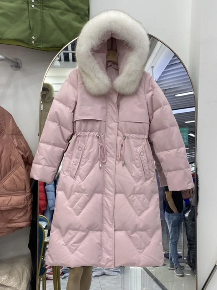 Jaqueta longa de pele de raposa real para mulheres, parka espessa, casaco de cintura solta, moda feminina quente, versão coreana, inverno, 2023