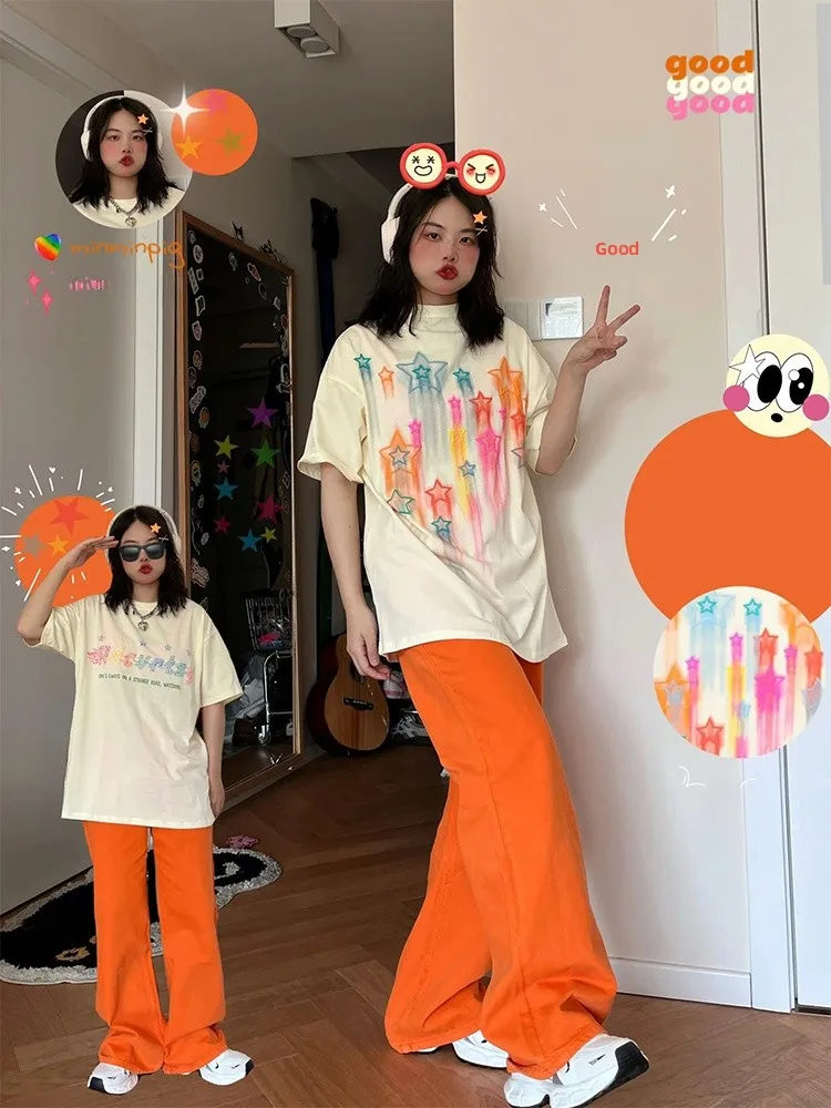 

Pumpkin Orange Denim Pants Men's Summer Thin Straight Workwear Trousers Casual Loose Fit mid Waist Long Youthful Sle