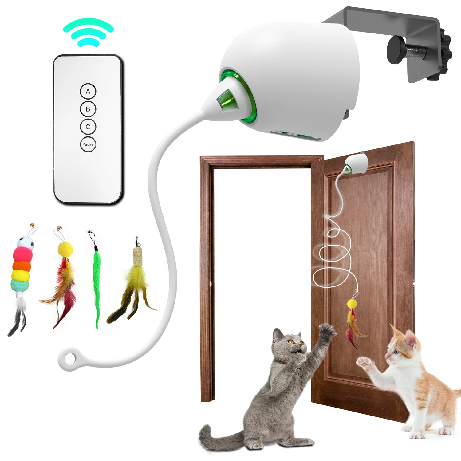 PERKEO Cat toy hanging door automatic cat toy interactive elastic rope with feathers, cat scratching game door hanger