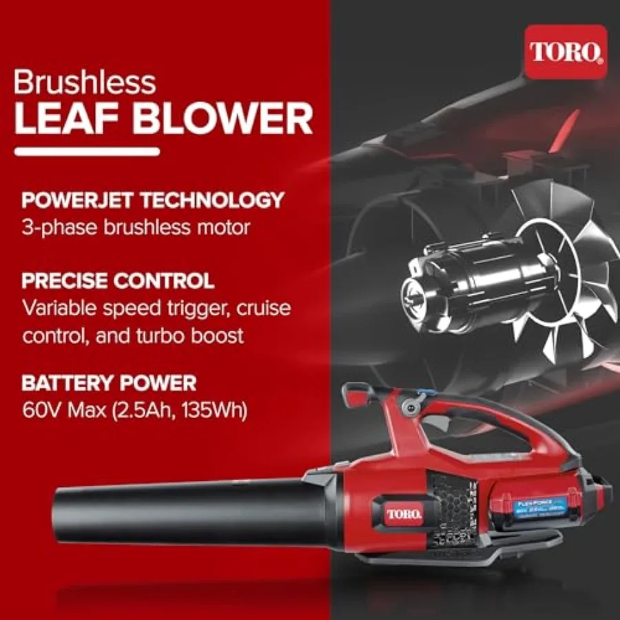 منفاخ أوراق شجر لاسلكي بدون فرش كهربائي بحد أقصى 60 فولت مع سرعة هواء 120 ميلا في الساعة و605 CFM لتنظيف الفناء بكفاءة قوية 2.5