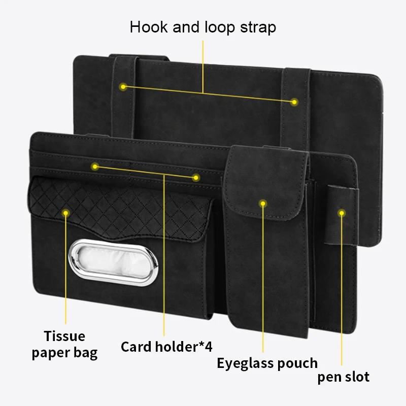 SEAMETAL Car Sun Visor Storage Bag Premium Car Organizer with Glasses Case Tissue Holder Hook and Loop Strap Storage Pocket