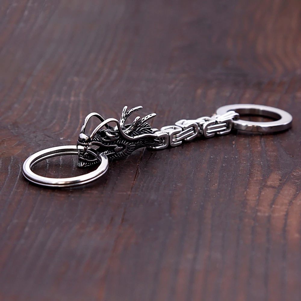 Punk Retro Nordic Viking Dragon Head Keychain Stainless Steel Men\'s Unique Emperor Chain Keychain Fashion Accessories Wholesale