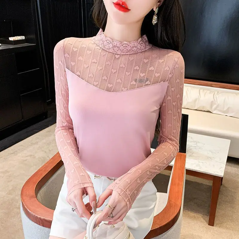 Half High Collar Lace Undershirt for Women Spring Autumn Collection Long Sleeve Patchwork Peach Heart Sexy Inner Top Small Shirt