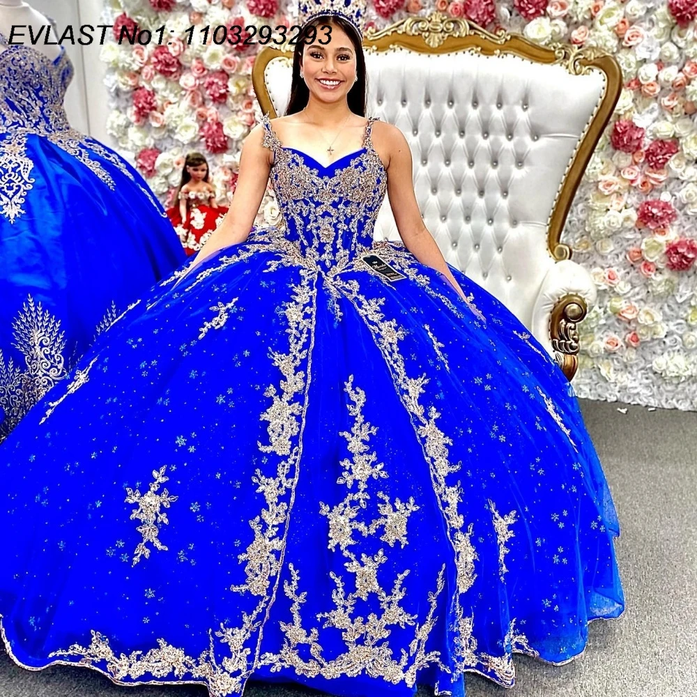 Gaun Quinceanera Biru Royal Kustom EVLAST Model Ball Gown dengan Aplikasi Renda Emas dan Manik-Manik, Gaya Meksiko untuk Sweet 16, Vestidos De 15 Anos E1QN604