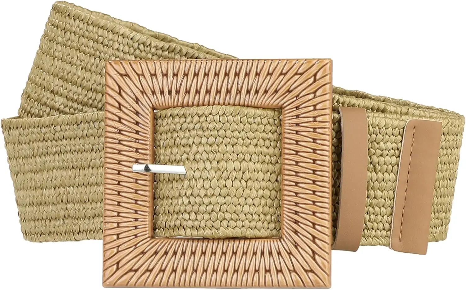 Damen gewebter breiter Stretch-Gürtel aus Stroh, Rattan, quadratische Holzschnalle, elastischer Taillengürtel, Bund für Sommerkleid