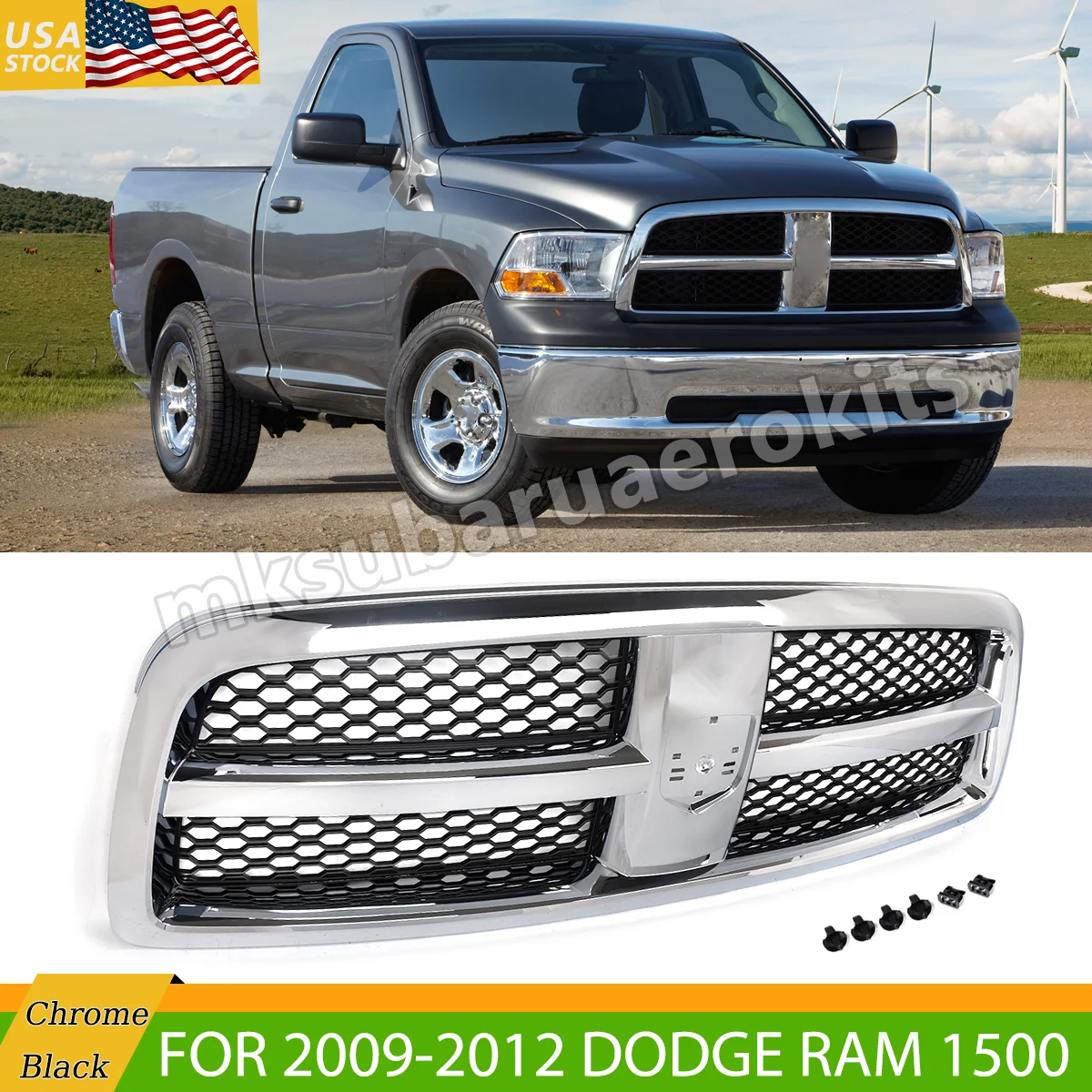 Chrome Trim Frame Black Mesh Honeycomb Mesh Grille fit for Dodge RAM1500 2009-2012 Front Bumper Upper Grille Hood Grid Grills