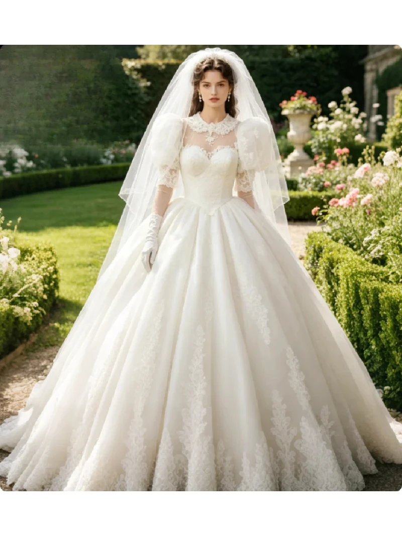 Customzied Classic Vintage Victorian Puff Sleeve Princess Wedding Dresses Elegant Lace Appliques Country Garden Bridal Gowns
