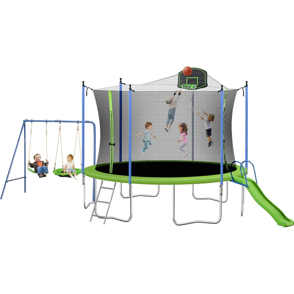 14FT Outdoor Trampoline with Swing, Slide, Basketball Hoop, Safety Enclosure and Ladder