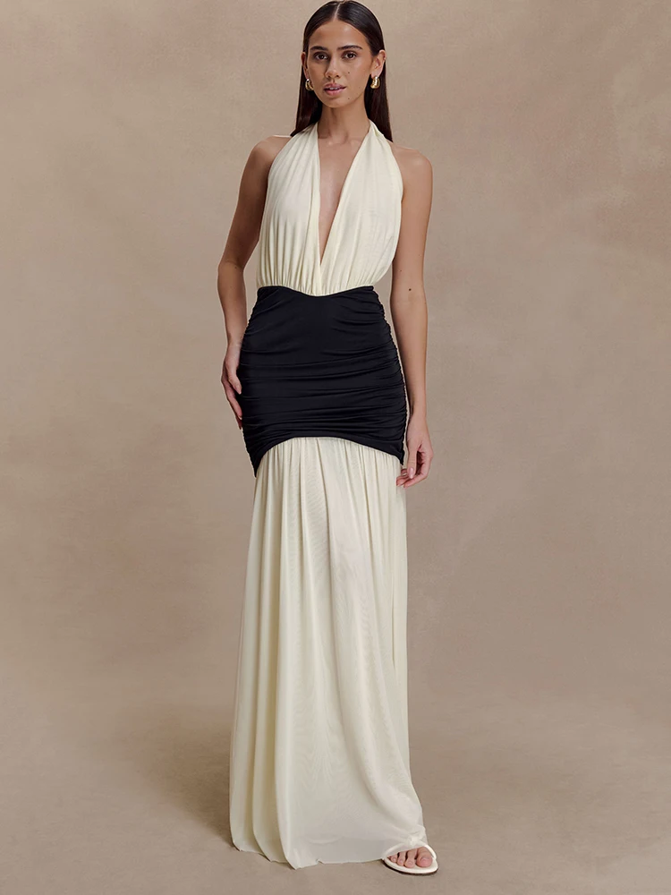 Oniflyme Elegante Patchwork Ärmellose Frauen Maxi Kleid Sexy Halter V-ausschnitt Backless A-line Party Kleider Weibliche Bodycon Roben