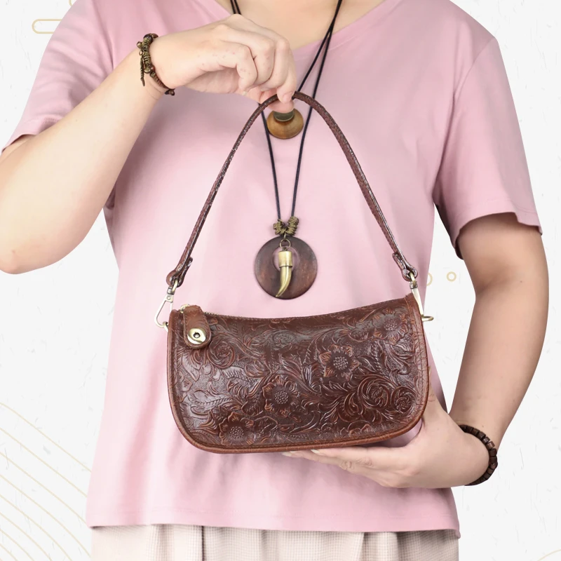 Solid Color Design Underarm Tote Bag Fashion Genuine Leather Crossbody Messenger Bag Handbag Retro Women\'s Shoulder Bag