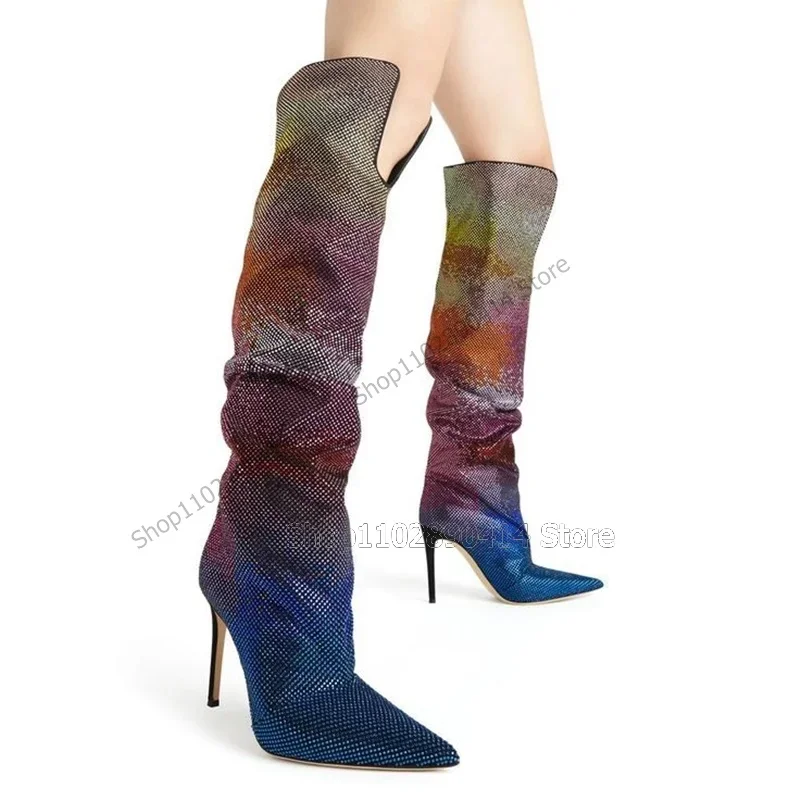 

Colorful Crystal Decor Pointed Toe Boots Knee High Women Shoes Stilettos High Heels Novel Fashion Sexy 2023 Zapatos Para Mujere