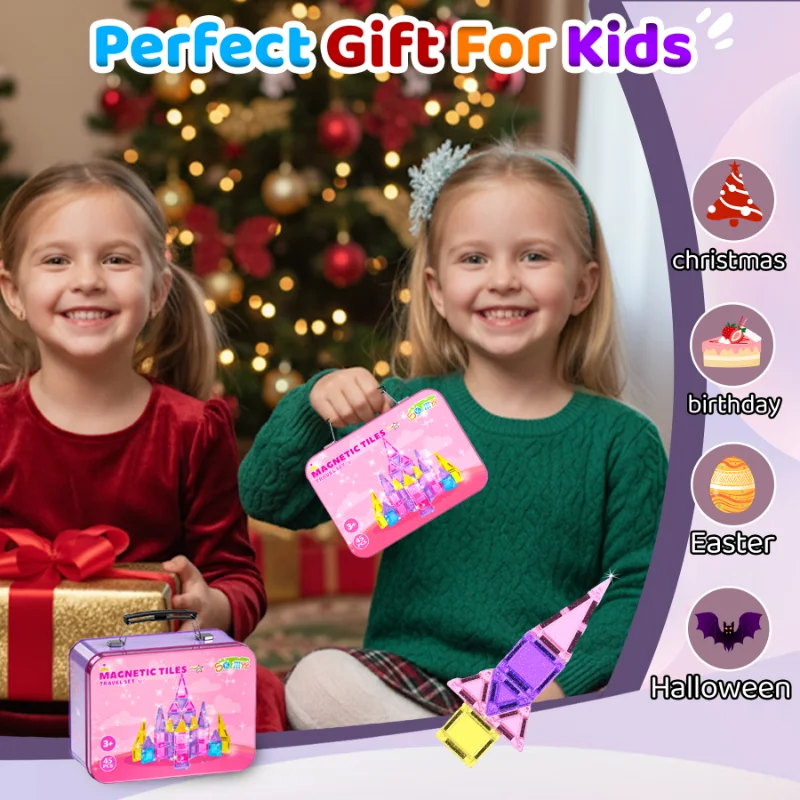 Mini carreaux magnétiques 45 pièces, ensemble de carreaux magnétiques de voyage portables avec étui en fer, jouet créatif STEM Montessori pour cadeaux d'anniversaire pour filles