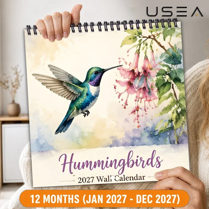2027 Hummingbird Square Spiral Wall Calendar,12-month Planner with Habit Tracker, US Holidays,Lunar Phases,Boho Farmhouse Design