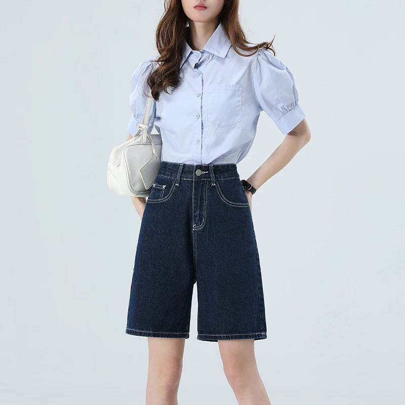 White High Waist Wide Legs Knee Length Jeans Shorts Women Summer Casual Korean Fashion Straight Denim Short Pants Femlae Baggy