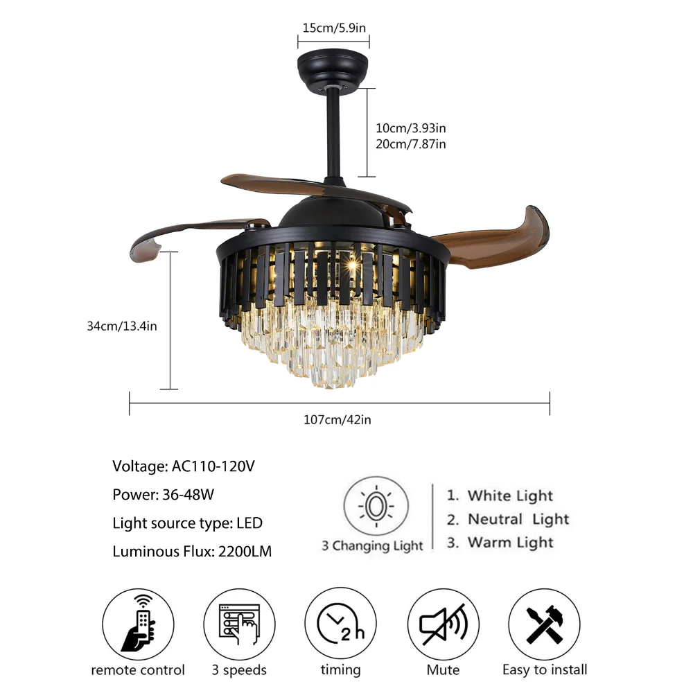 Bymaocar-ventilador de techo de cristal Invisible 2 en 1, lámpara de araña LED retráctil, Control remoto, 3 velocidades con Kit de luz, 42 pulgadas