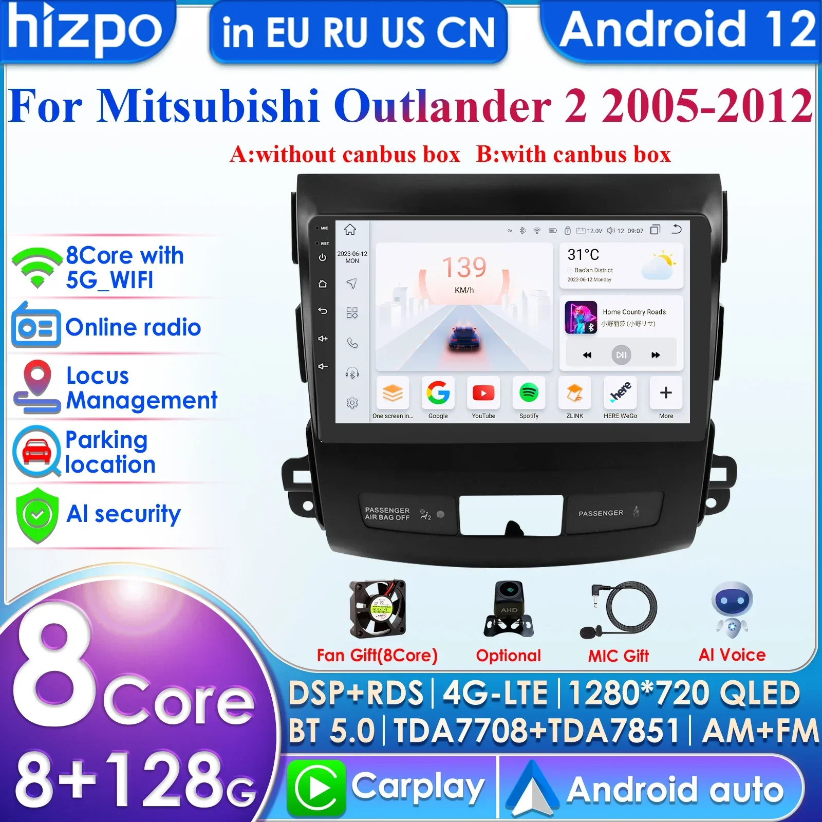 

Carplay 4G 9" 2din Android Autoradio for Mitsubishi Outlander for Peugeot 4007 for Citroen C-Crosser Multimedia Player GPS DSP