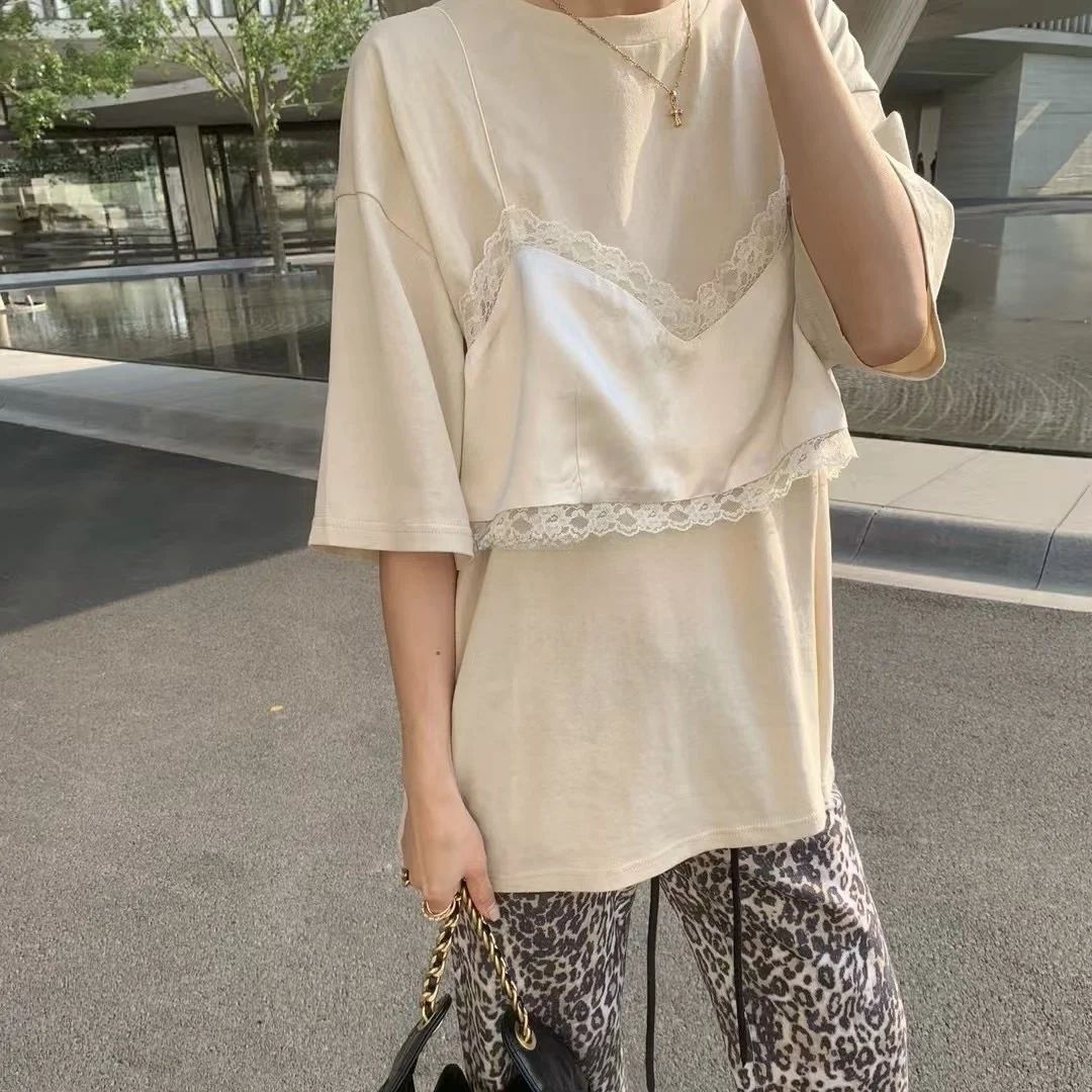 

Korean Sle Lace Trim ort Sve T-irt Women's Faionable Two-Piece Set Layering Top Summer Cotton round Ne Loose Fit