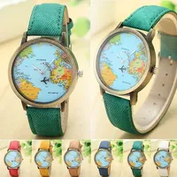 Fashion Global World Map Plane Denim Fabric Band Watches for Men Women Wristwatches Quartz Watch Gift Horloges Relógio