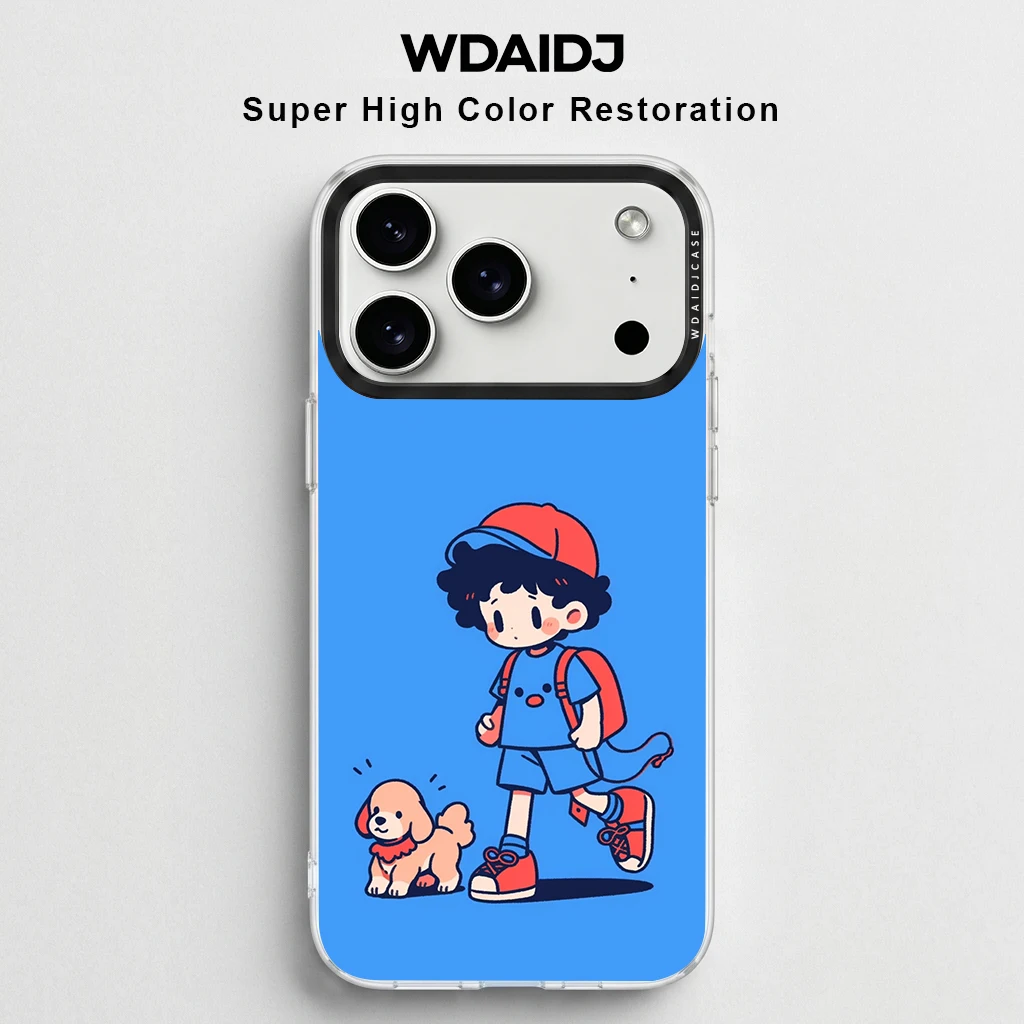 

Playful Schoolboy Walking His Dog Phone Case For iPhone 13 14 15 16 17 Wholesome Daily Scene Motif