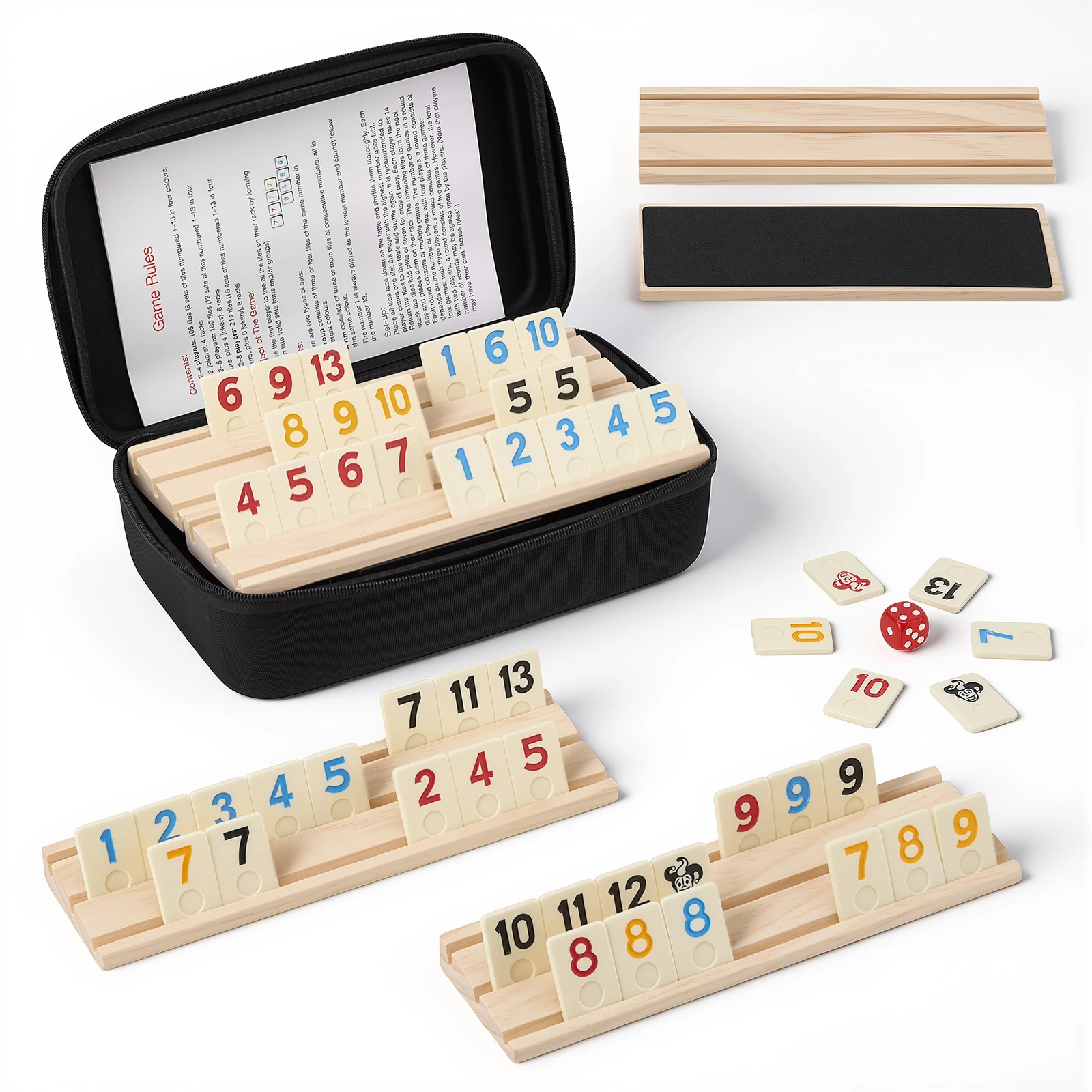 Jeu de Rummy Cube 160 tuiles, jeu de Rummy en bois avec étui de transport, 6 supports pour 2 à 6 joueurs, jeu de société stratégique pour la famille et les enfants