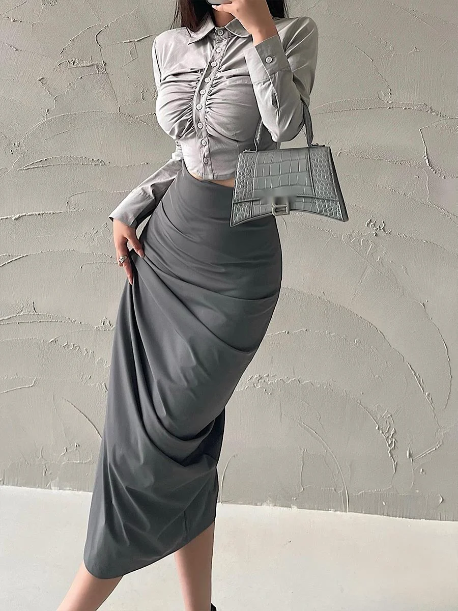 WOMENGAGA Sexy High Waist Slim Pleated Slim Tight Wrap Hip Workwear Skirt Long Skirt Girl Hot Sexy Korean Women Skirts UA4N