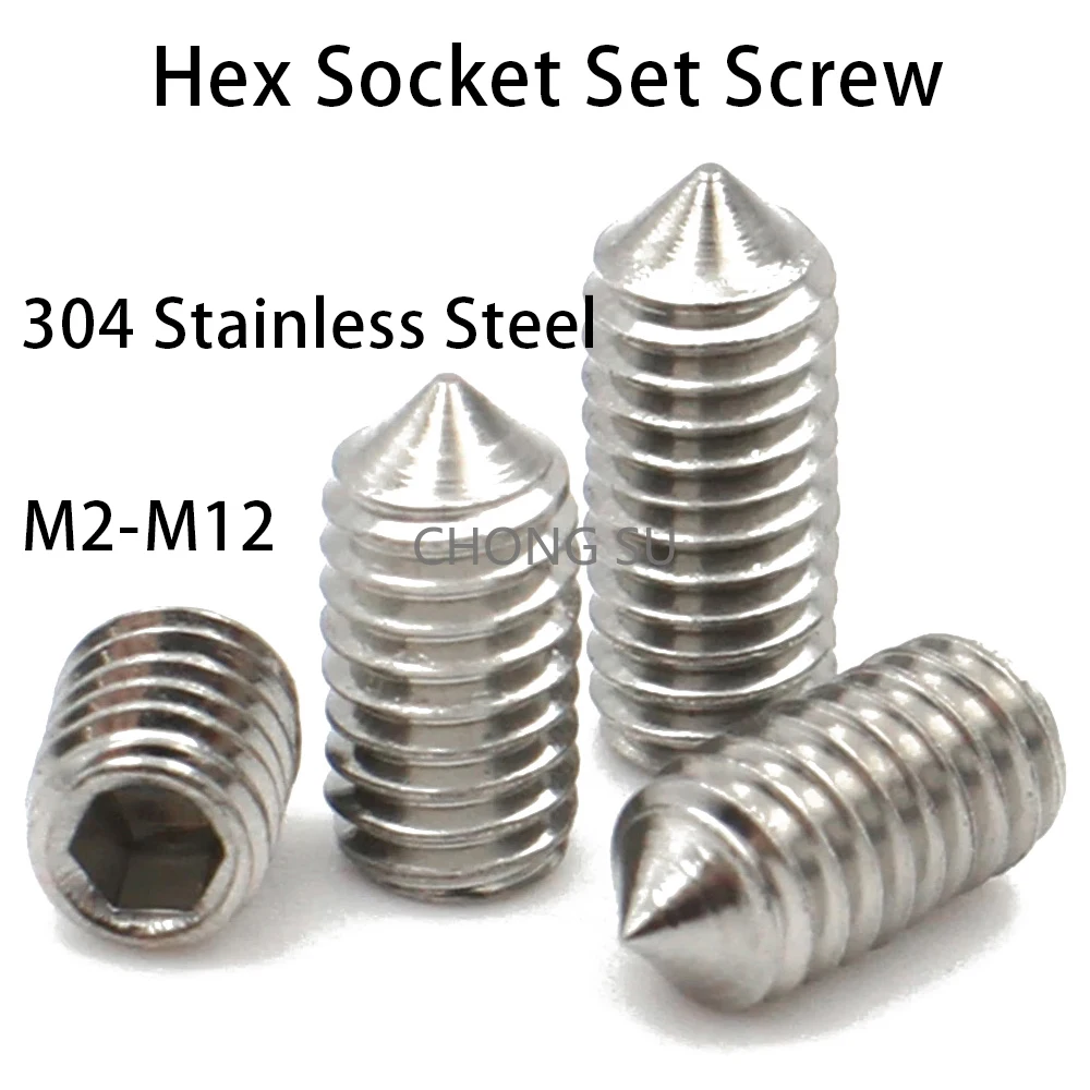 

10pcs 304 Stainless Steel M2 M2.5 M3 M4 M5 M6 M8 M10 M12 Hex Hexagon Socket Set Screw Cone Point Grub Screw DIN914