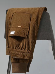 Corduroy Men Casual Joggers Pants Outdoor Sport Walking Wide Leg Brown Sweatpants Baggy Ankle-Length Work Trousers Male