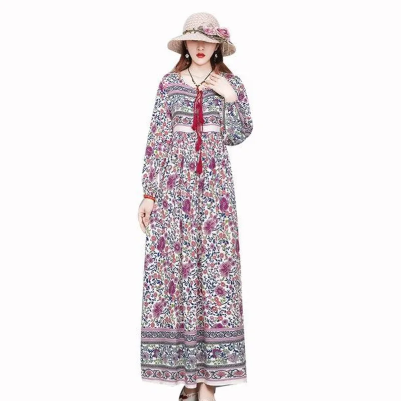 Vintage Women\'s Beach Skirt Dress Long Sleeve Floral Print Beach Bohemian Straight V-neck Maxi Dress Summer Ladies Dress